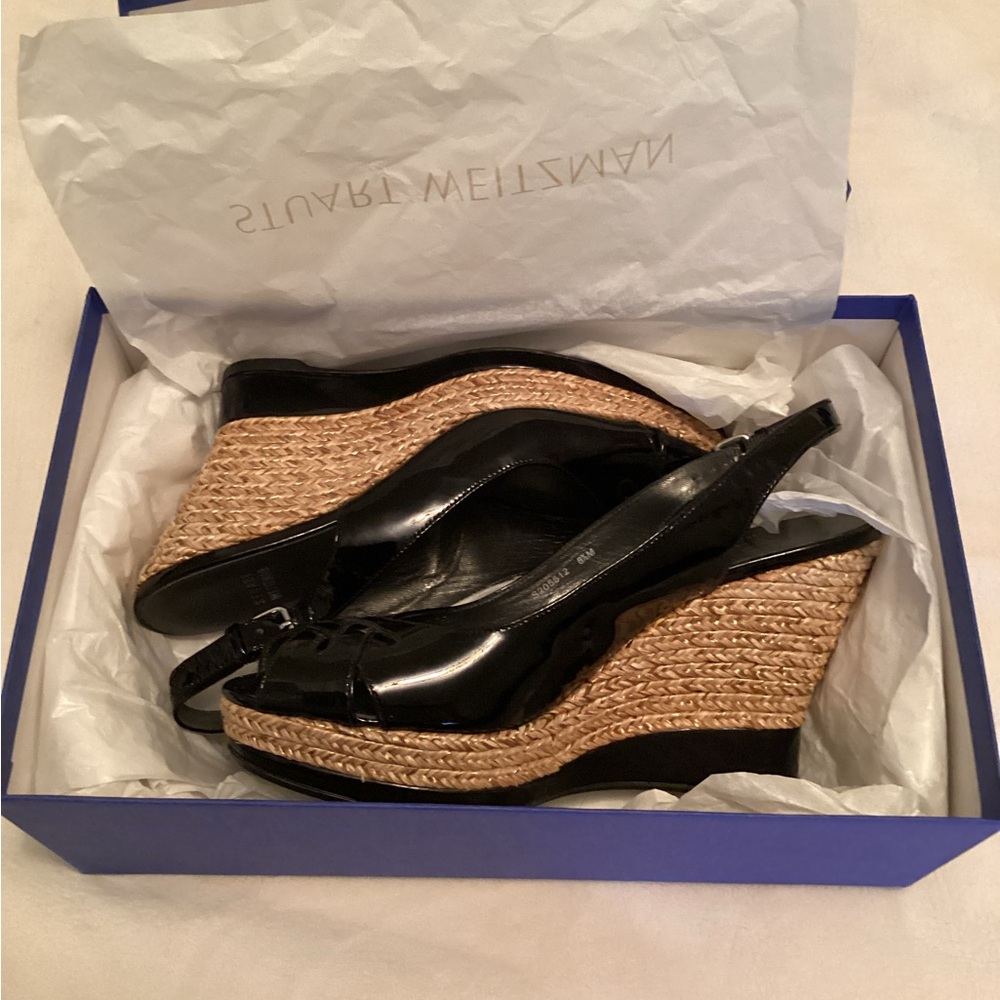 Stuart Weitzman Dolunch Black Patent Leather Wedge Espadrilles Size 8.5
